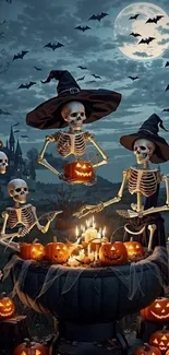 Skeletons in witch hats celebrate Halloween under a full moon.