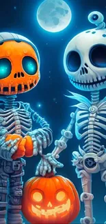 Spooky Halloween skeletons in moonlight with a glowing pumpkin.