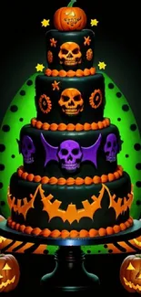 Halloween cake with skull and pumpkin decorations on a dark background.