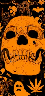 Eerie skull with Halloween symbols, orange themed wallpaper.