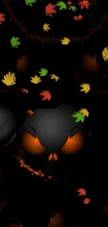 Eerie Halloween skull design with floating autumn leaves on a dark background.