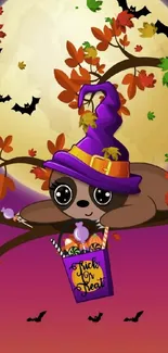 Cartoon sloth in witch hat on branch with Halloween decorations.