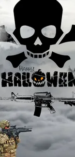 Halloween-themed wallpaper with skull and soldier.