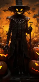 Spooky scarecrow with pumpkins in Halloween wallpaper.