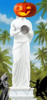 Statue with pumpkin head and tropical background.