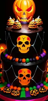 Vibrant Halloween cake with pumpkins and skulls on dark background.