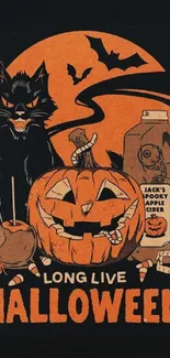 Spooky Halloween phone wallpaper with pumpkins and black cat.