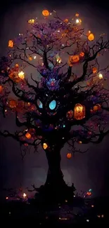 Halloween tree with glowing pumpkins on dark background.