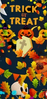 Trick or Treat Halloween wallpaper with pumpkins and leaves.