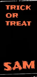 Halloween themed mobile wallpaper with orange Trick or Treat text on black background.