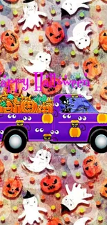 Purple truck Halloween wallpaper with pumpkins and ghosts.