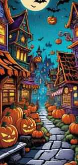 Whimsical Halloween village with pumpkins and a glowing night sky.