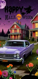 Halloween scene with vintage car and haunted houses under a moonlit sky.