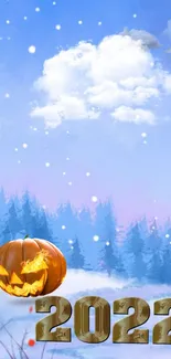 Halloween pumpkin in snowy forest with 2022 text.