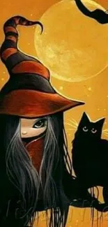 Halloween witch and black cat under a glowing moon.