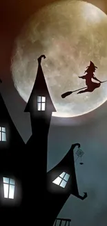 Silhouette of witch flying over haunted house with full moon.