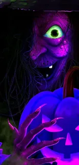 Creepy witch with neon pumpkin in Halloween art.