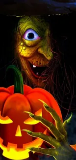 Spooky Halloween witch with glowing pumpkin illustration.