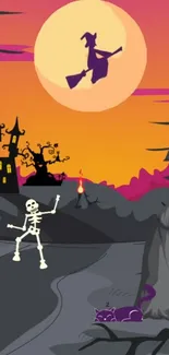 Colorful Halloween scene with witch, skeleton, and haunted castle under moonlight.