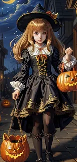 Enchanting girl in witch costume with pumpkins on a moonlit street at Halloween.