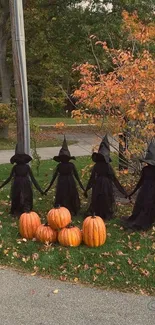 Witches in black robes circle pumpkins amid autumn leaves.