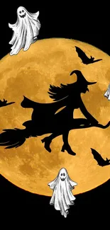 Flying witch with ghosts on a full moon wallpaper.