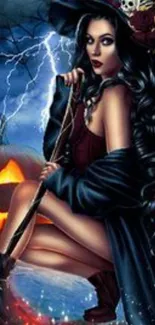 Witch with pumpkins in Halloween night sky.