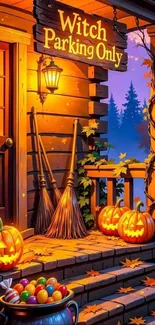 Halloween porch with pumpkins and 'Witch Parking Only' sign.
