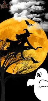 Halloween-themed wallpaper with a witch, moon, and ghost.