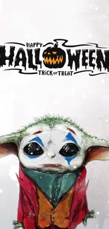 Halloween themed Yoda in costume on a white mobile wallpaper.