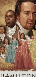 Hamilton musical wallpaper featuring iconic characters in period costumes.