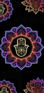 Vibrant Hamsa mandala on black background, perfect for phones.