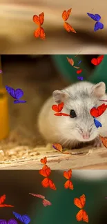 Cute hamster with red and purple butterflies mobile wallpaper.