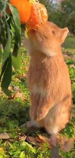 Hamster eating orange in green grass outdoors.