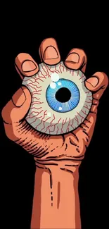 Illustration of a hand holding a blue eye against a dark background.