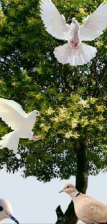 Hand holding a tree with birds flying, set against a light blue background.