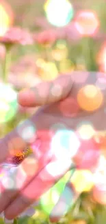 A hand surrounded by pink flowers and bokeh light effects.