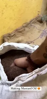 Hand in sack of mustard seeds with yellow background.