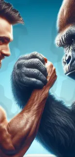 Man and gorilla arm wrestling in an epic display of strength.