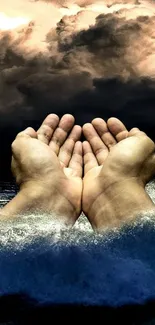 Hands rise from ocean waves beneath stormy clouds, creating dramatic art.
