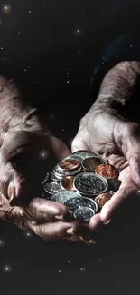 Aged hands cradling coins on a dark background, symbolizing wealth and fragility.