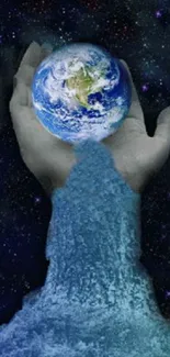 Hands holding Earth with cosmic background wallpaper.