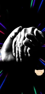 Hands holding in unity on black background. Elegant and symbolic mobile wallpaper.