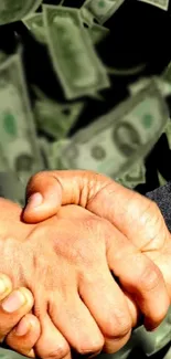 A handshake with floating money background, symbolizing business and success.