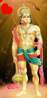 Hanuman standing with vibrant golden backdrop and red hearts.