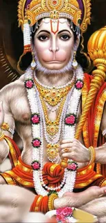 Hanuman deity artwork with golden hues and intricate details for mobile wallpaper.