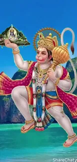 Hanuman depicted over a tranquil ocean scenery.