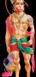 Colorful Hanuman artwork with traditional attire and spiritual elements.