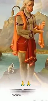 Hanuman depicted in a serene mountainous landscape as mobile wallpaper.