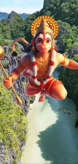 Hanuman flying over a lush green canyon.